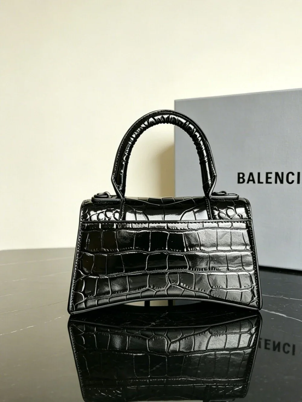 Balenciaga Hourglass XS Black Crocodile Embossed Handbag
